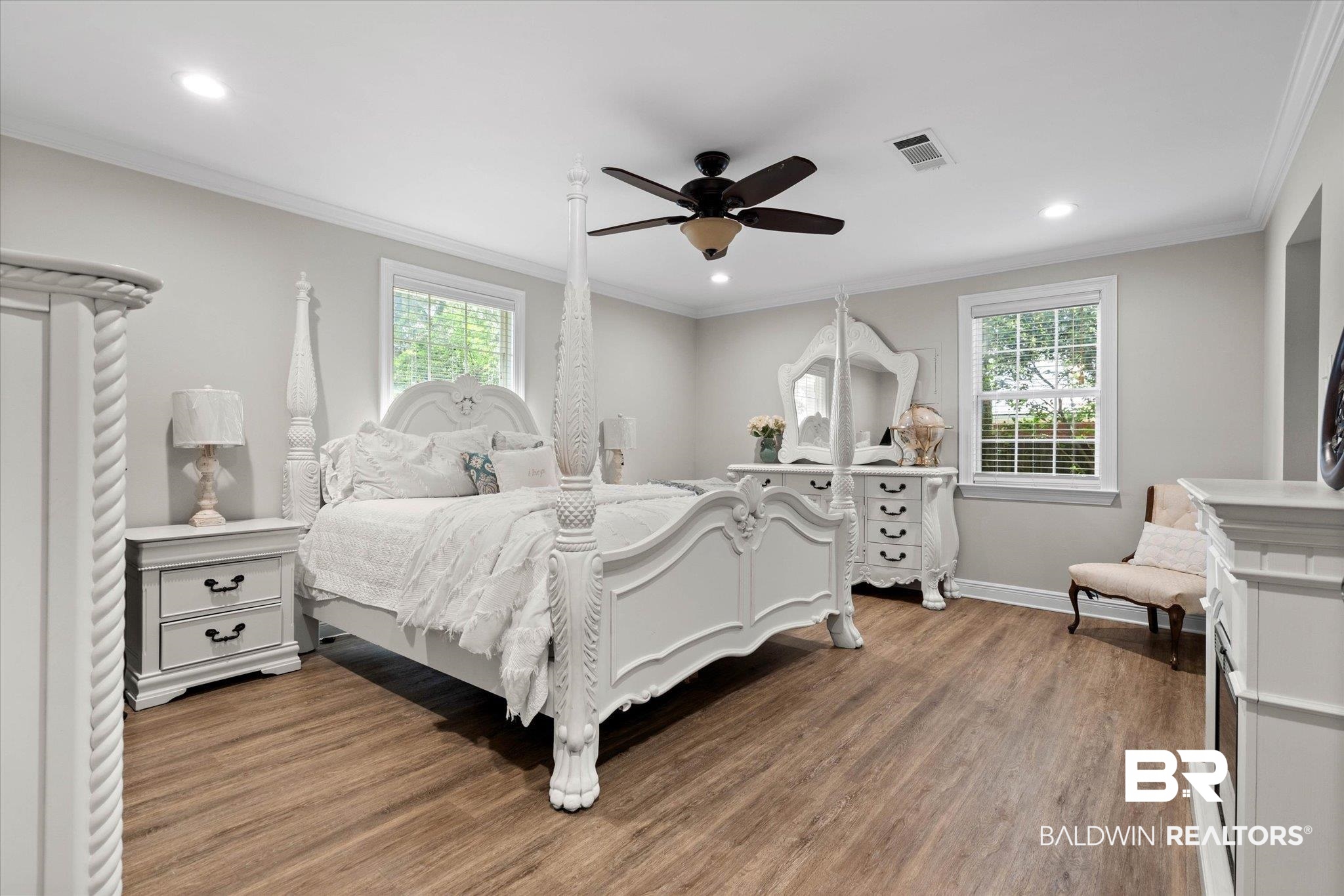 3715 Latigo Road Mobile, AL 36695 - Photo 10 of 39 Bedroom with multiple windows, wood finished floors, recessed lighting, baseboards, and ceiling fan