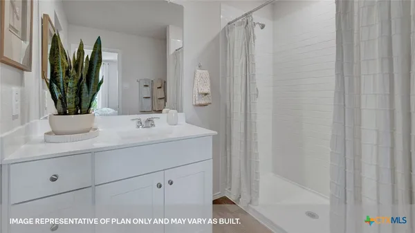 a bathroom with a sink a mirror and a shower curtain