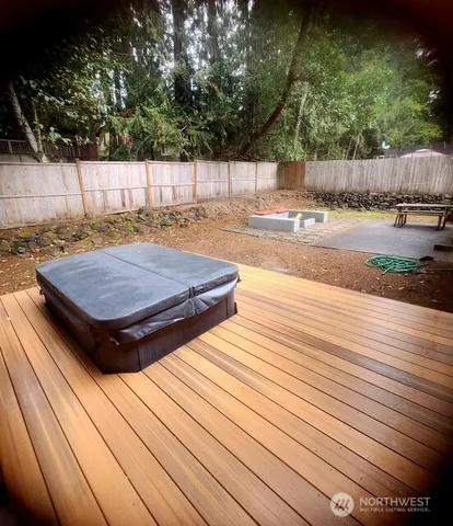 a view of a terrace with wooden floor