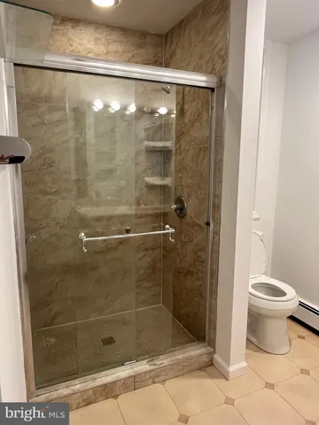 a bathroom with a shower and a toilet