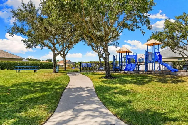 a view of a park with large trees