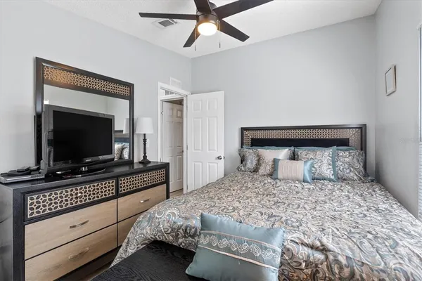a bedroom with a bed and a flat screen tv