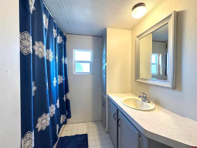 a bathroom with a granite countertop sink a mirror and a shower