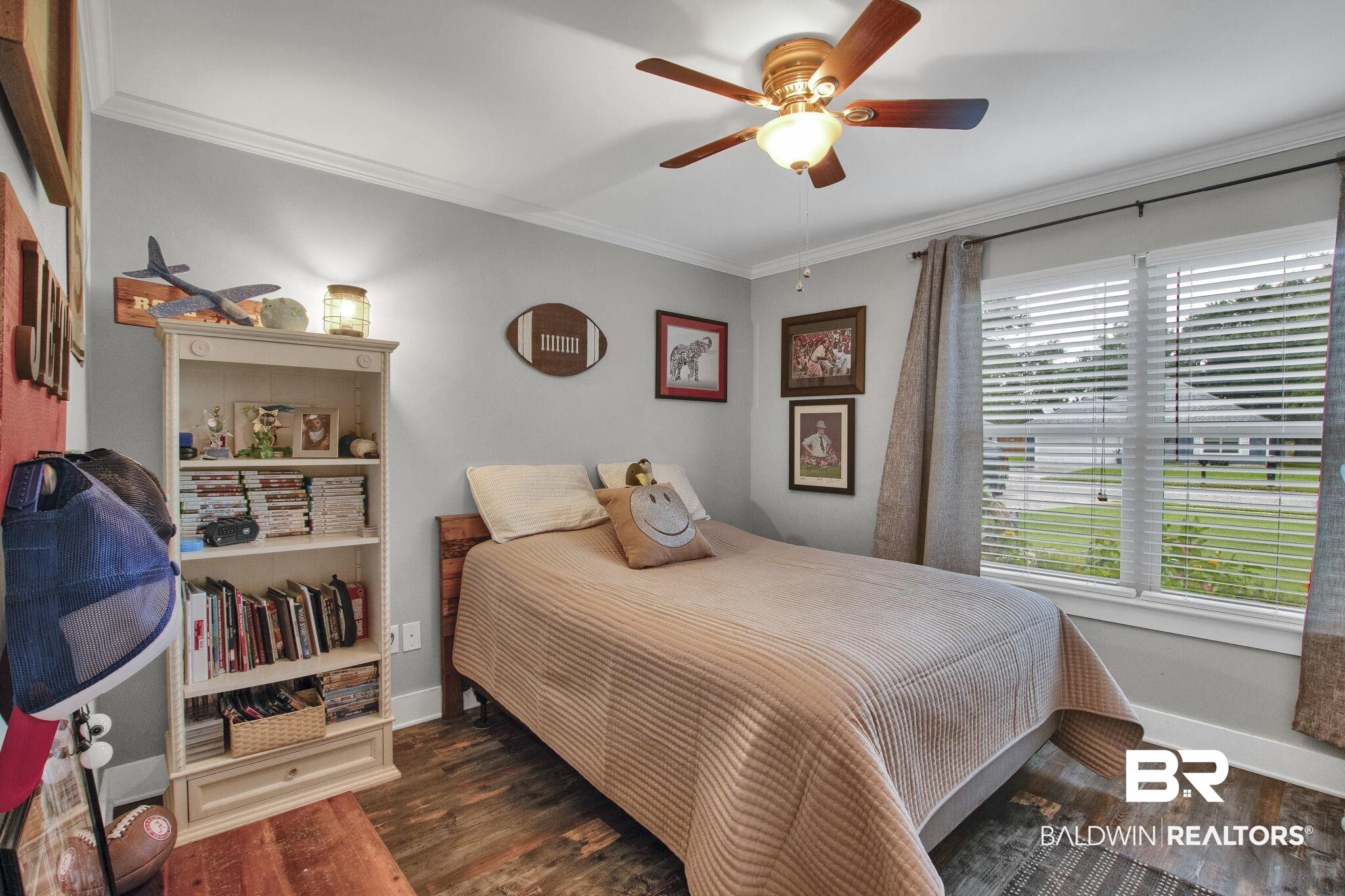 203 Lakefront Circle Summerdale, AL 36580 - Photo 45 of 69 Bedroom featuring ceiling fan, dark hardwood / wood-style floors, and crown molding