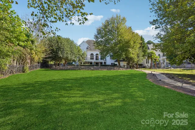 a view of a park with large trees