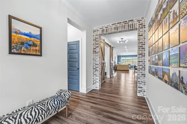 a swimming pool with some potted plants and large tree
