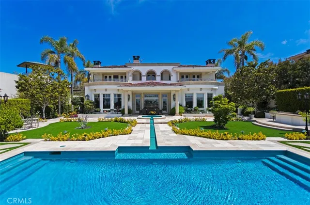 a view of a swimming pool with a garden
