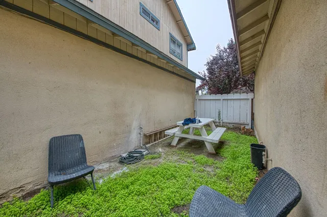 a view of backyard with outdoor seating and plants
