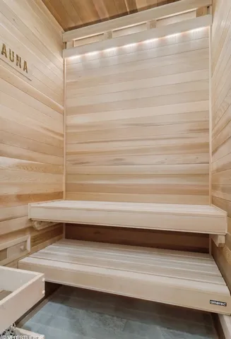 a view of a balcony with wooden floor