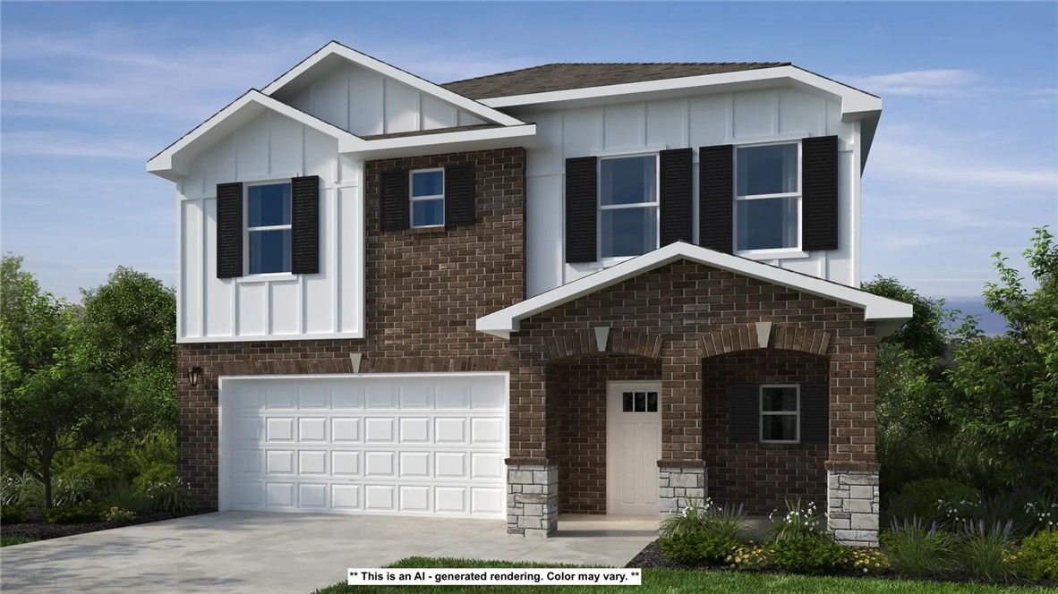 2643 Roe Deer Street Springdale, AR 72762 - Photo 1 of 20 Two-story exterior with a mixed brick and vertical siding facade, an arched entryway, a white panel garage door, and black window shutters