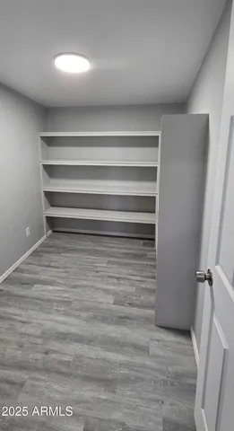 a view of closet with wooden floor