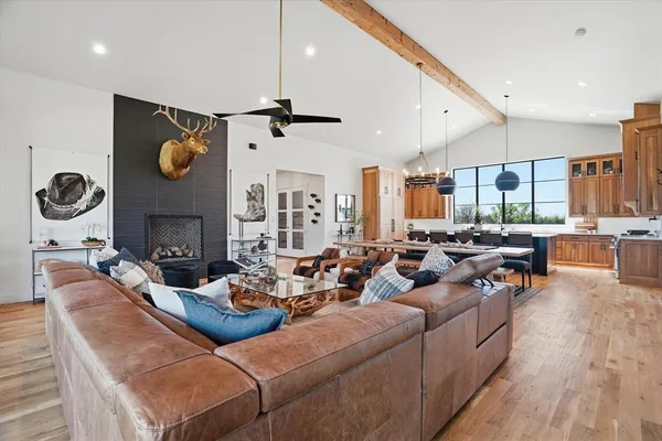 a living room with fireplace furniture and a fireplace