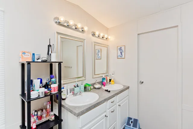 a bathroom with a sink vanity and a mirror