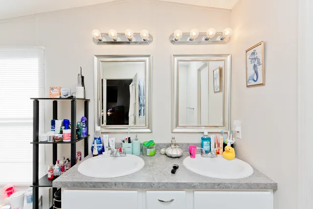 a bathroom with a sink double vanity and a mirror