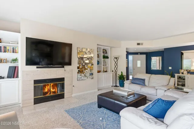 a living room with furniture a flat screen tv and a fireplace