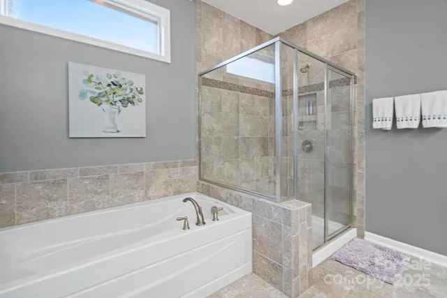 a bathroom with a bathtub and a shower
