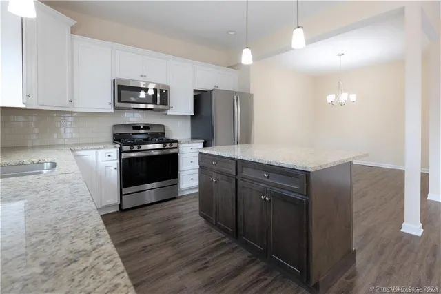 a kitchen with stainless steel appliances granite countertop a stove a sink and a refrigerator