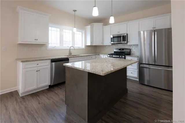 a kitchen with a refrigerator a sink wooden floor and cabinets