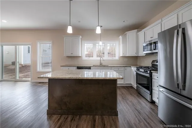 a kitchen with stainless steel appliances granite countertop a stove a refrigerator a sink and a microwave