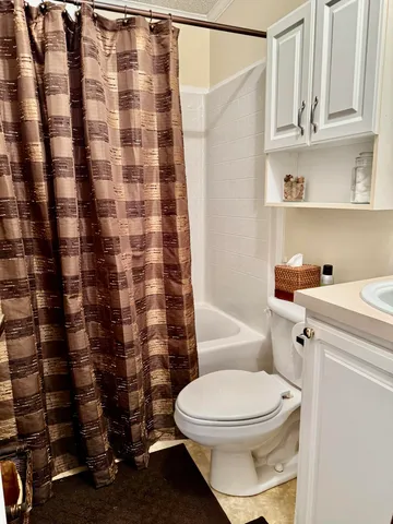 a white toilet sitting next to a shower curtain