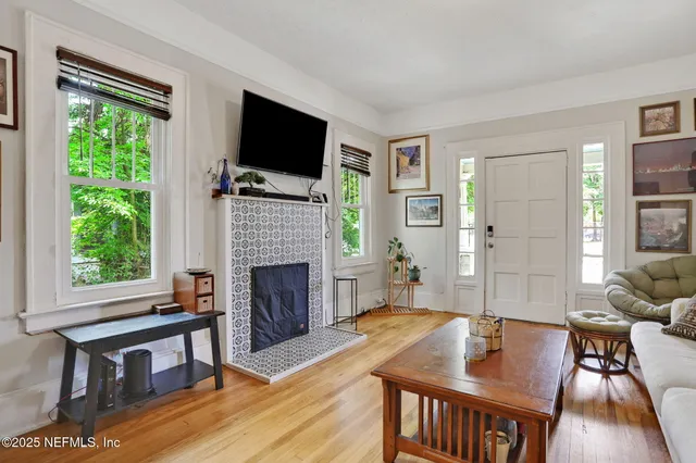 a living room with furniture fireplace and a flat screen tv