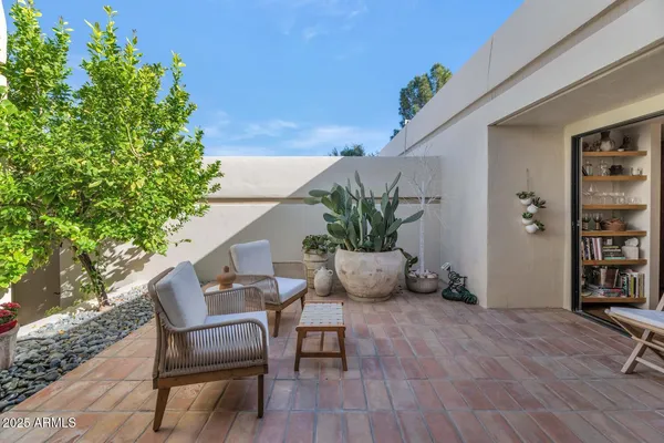 a outdoor view with a seating space