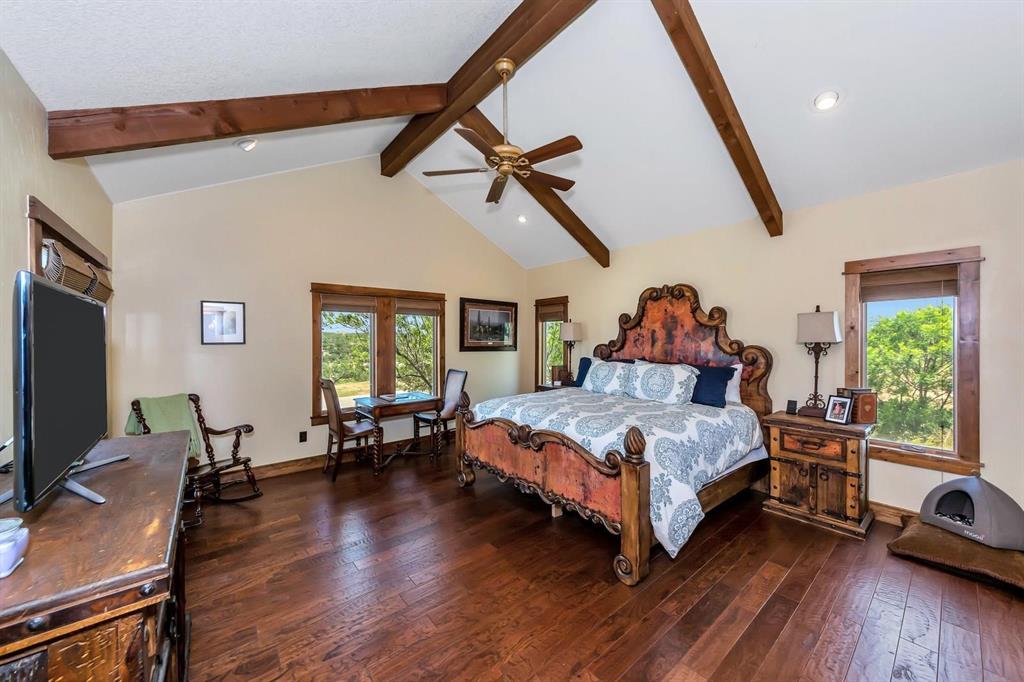 1231 Rawhide Ridge Graford, TX 76449 - Photo 19 of 26 Bedroom with ceiling fan, dark hardwood / wood-style flooring, and multiple windows