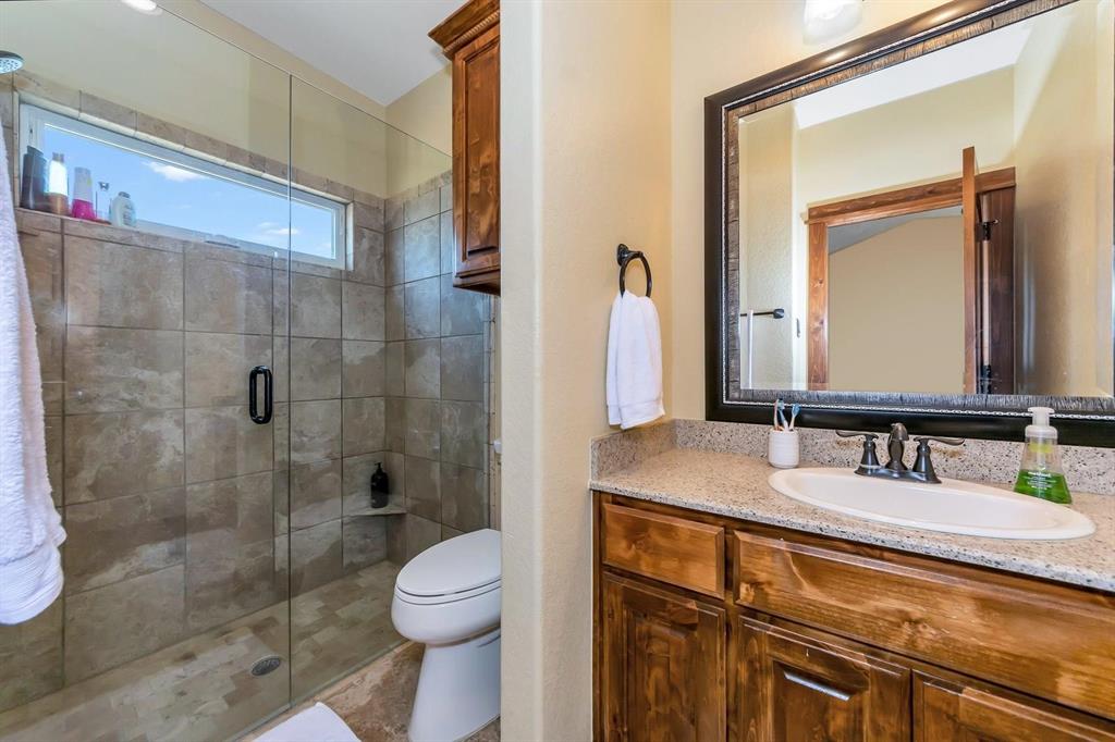 1231 Rawhide Ridge Graford, TX 76449 - Photo 25 of 26 Bathroom featuring walk in shower, vanity, and toilet
