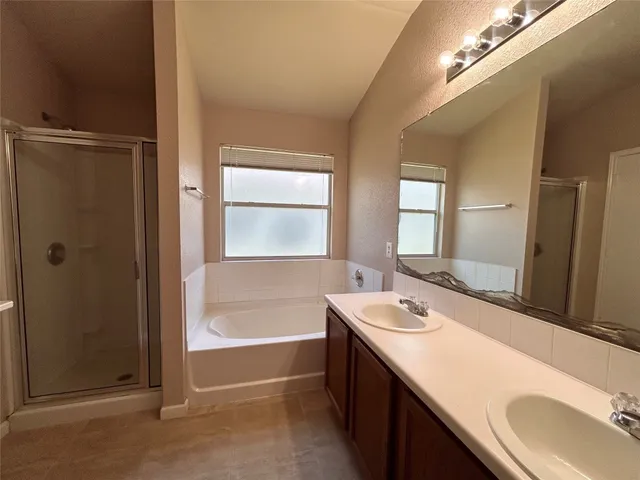 a bathroom with a tub double vanity sink and mirror