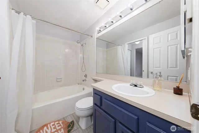 a bathroom with a sink a toilet a large mirror and shower