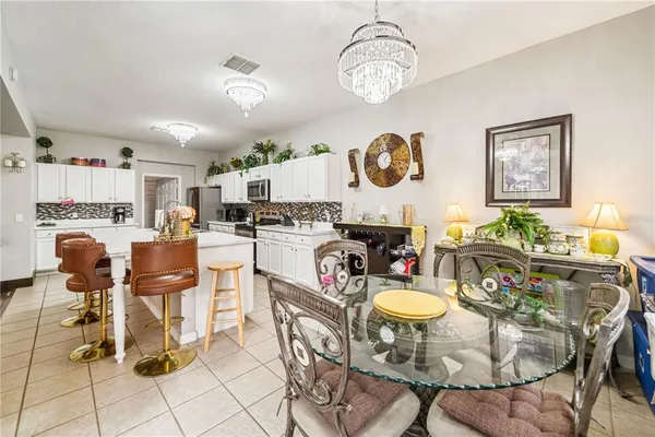 a view of a dining room with furniture