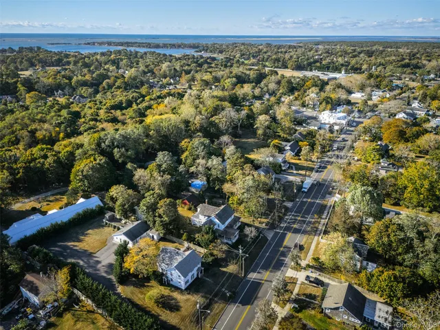an aerial view of a residential houses with street and trees
