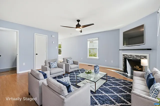 a living room with furniture fireplace and flat screen tv
