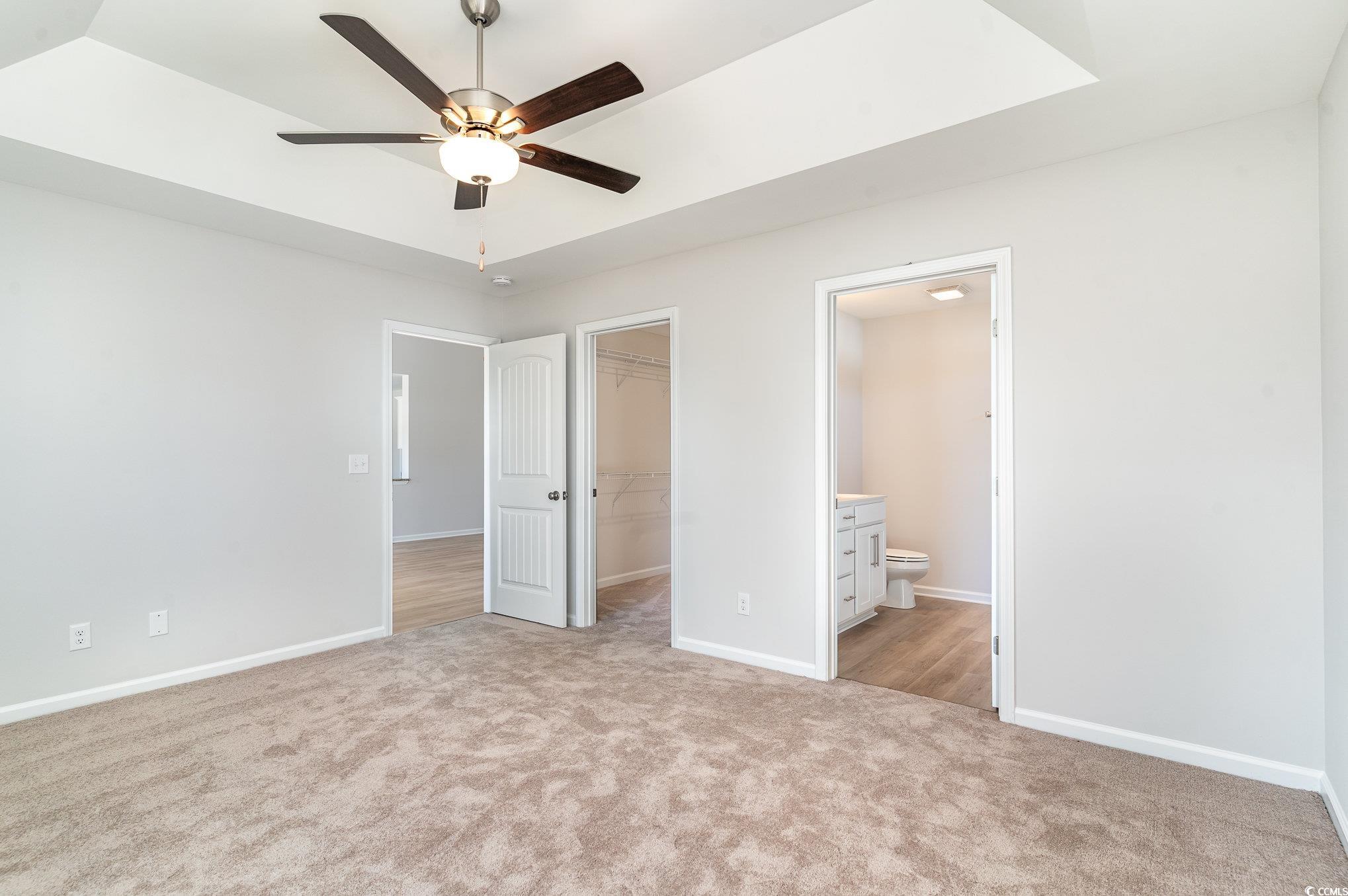 330 Barn Owl Way Conway, SC 29526 - Photo 13 of 23 Unfurnished bedroom featuring a spacious closet, light carpet, a ceiling fan, a raised ceiling, and ensuite bathroom