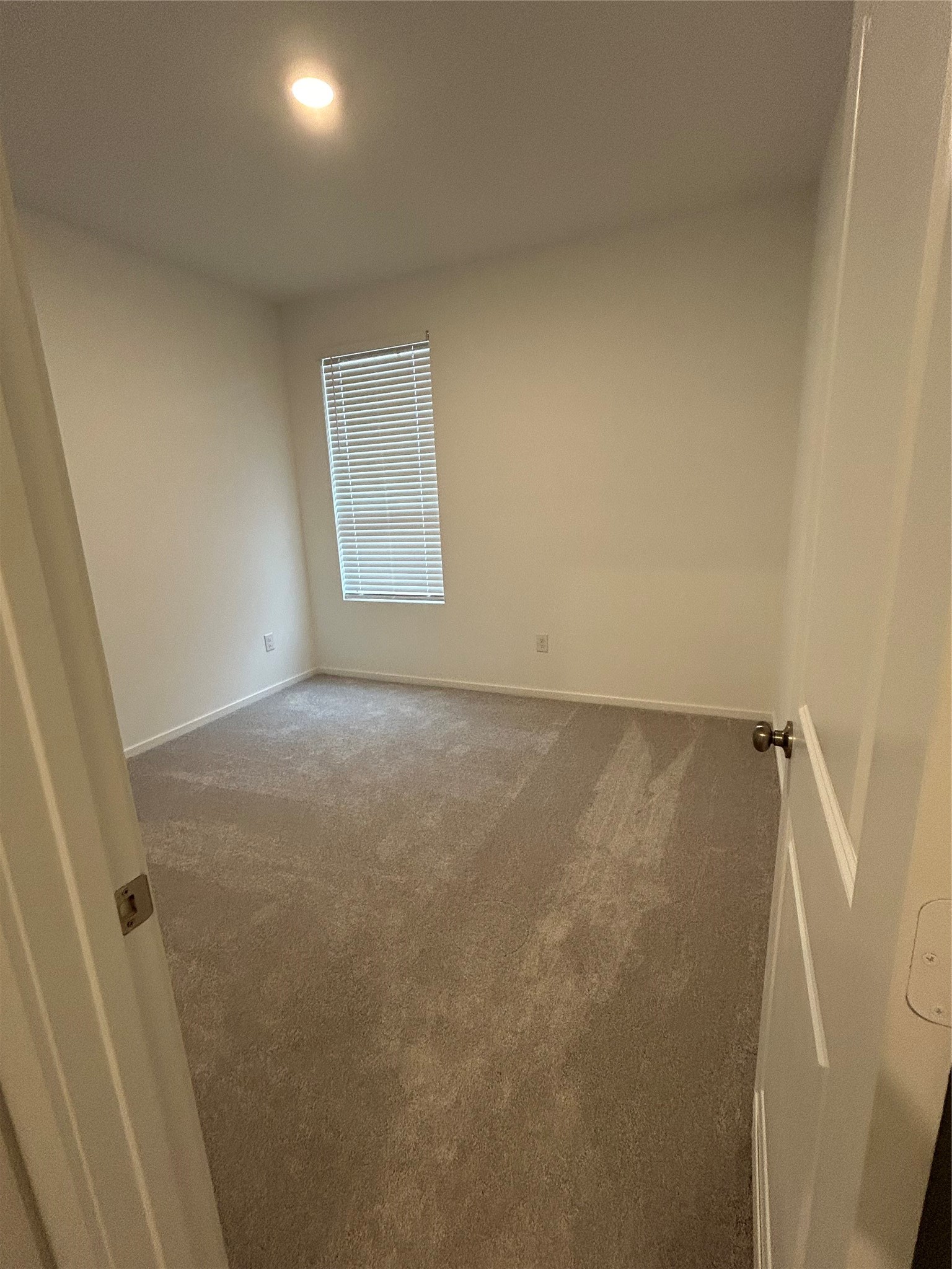 26419 Virginia Wild Rye Lane Katy, TX 77493 - Photo 17 of 31 This photo shows a small, carpeted room with a single window featuring blinds. The walls are painted in a neutral color, and there's a ceiling light. The room appears clean and well-maintained, suitable for a bedroom or office space.