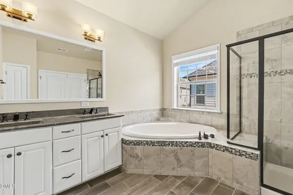 an aerial view of a bathroom with a shower