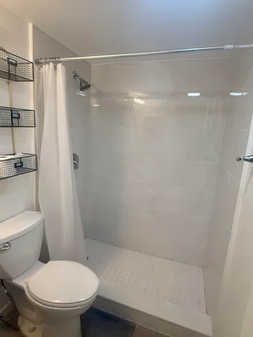 a bathroom with a shower and a toilet