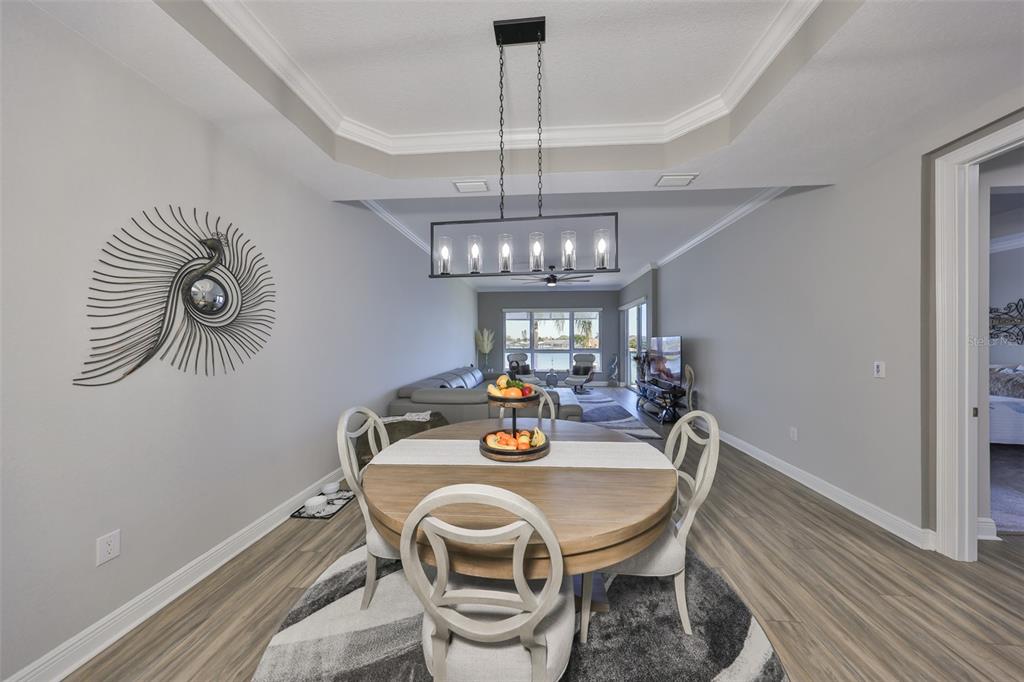 1038 Bellasol Way, Unit 202 Apollo Beach, FL 33572 - Photo 13 of 52 a view of a dining room with furniture wooden floor and chandelier