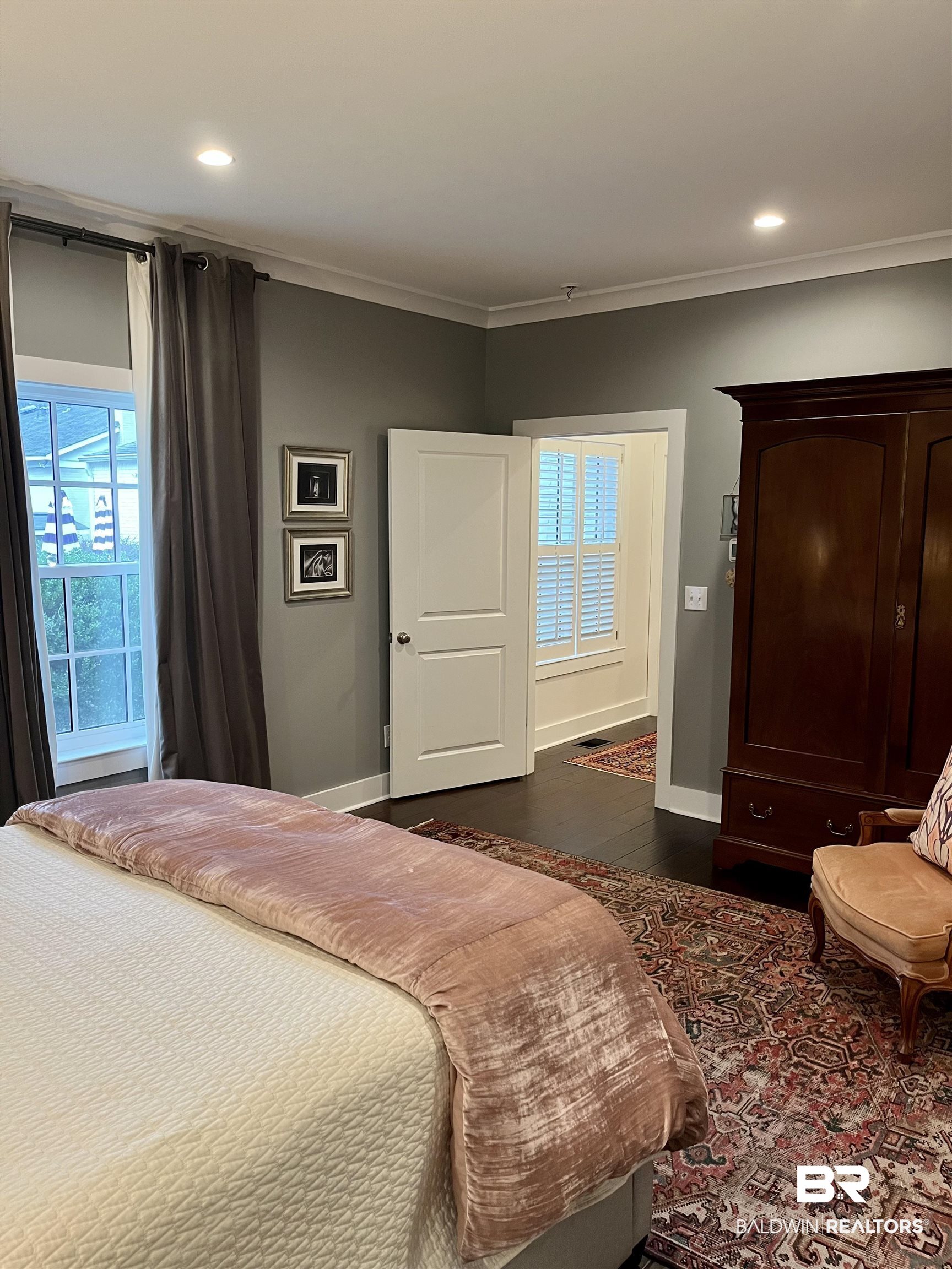451 Ridgelawn Drive West Mobile, AL 36608 - Photo 15 of 41 Bedroom with ornamental molding, baseboards, recessed lighting, and dark wood-style floors