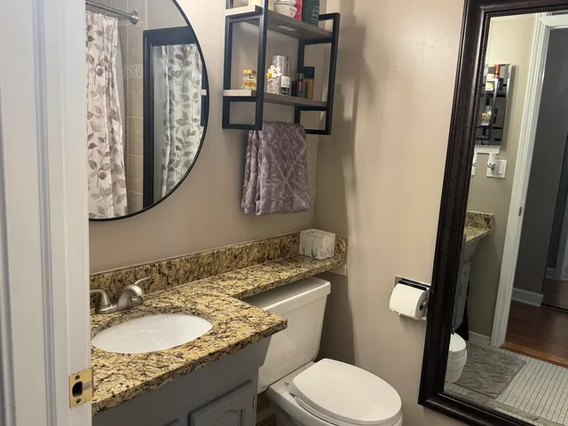a bathroom with a granite countertop toilet sink and mirror