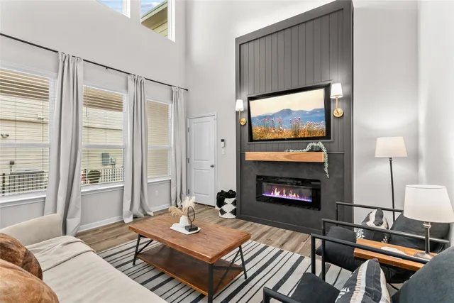 a living room with furniture a rug and a fireplace