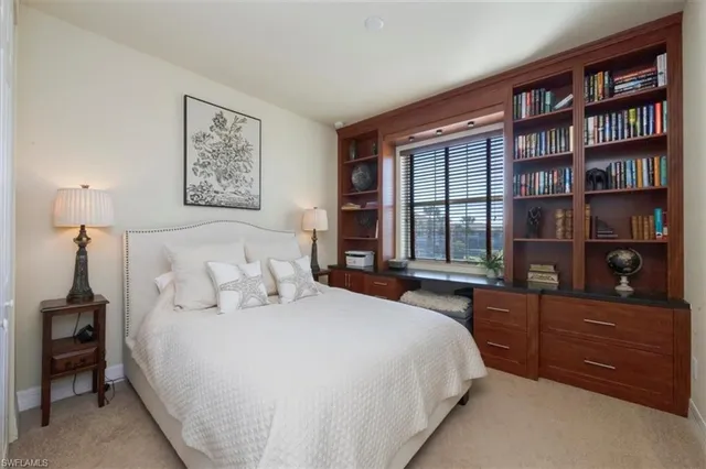 a bedroom with a large bed and a bookshelf