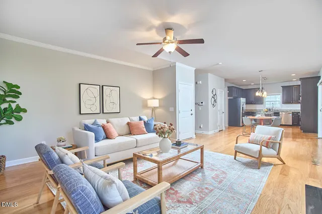 a living room with furniture and a potted plant