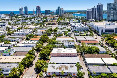 an aerial view of a house with a yard and potted plants