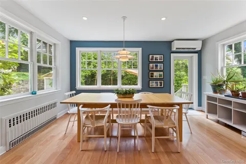 a view of a dining room with furniture window and wooden floor