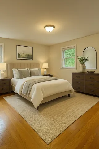 a bedroom with a bed and a dresser next to a window