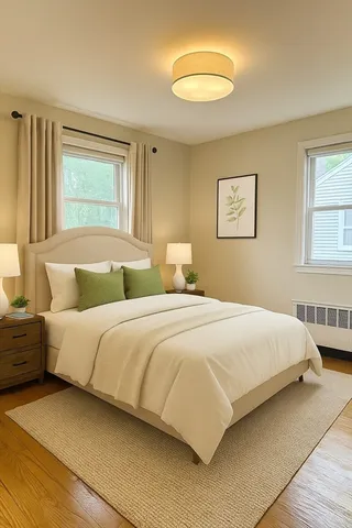 a bedroom with a bed and a painting