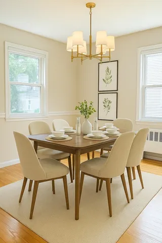a view of a dining room with furniture window and wooden floor