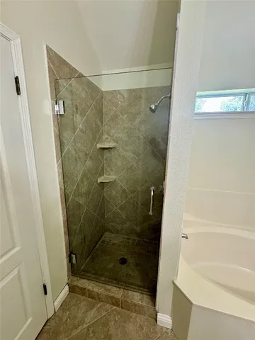 a bathroom with a shower and a toilet