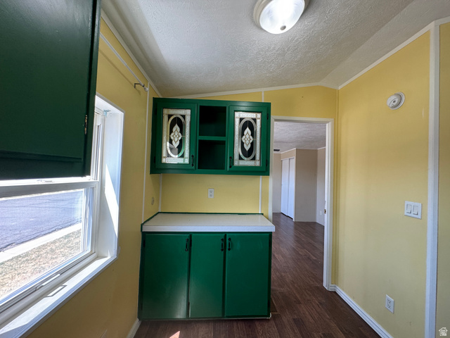 2491 Highway 89, Unit 315 Pleasant View, UT 84404 - Photo 21 of 34 Kitchenette featuring green cabinetry with decorative glass inserts, white countertops, and wood-finish flooring